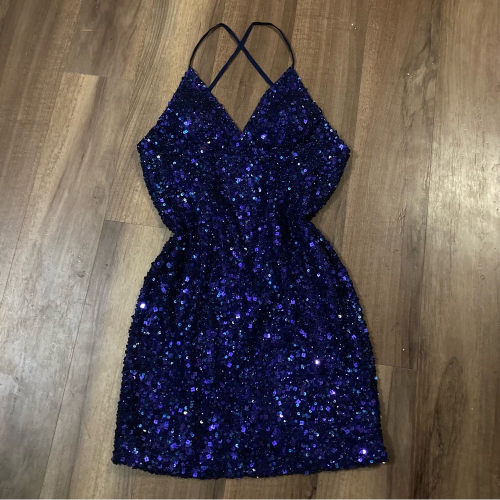Vintage 90s Blue Sequin SCALA Beaded Mini Dress Sz 2